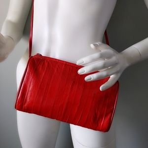 Vtg Cherry Red Eel Skin Leather Crossbody Purse